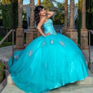 Aqua Blue Geborduurde Quinceanera Jurken Baljurken Sweet 16 Jurk 2021 Kristal Strapless Lace-up Tule Vestidos de Party Formal