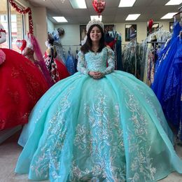 Aqua Blue Quinceanera Dress 2024 Robes Mexicaines De 15 Princesse Douce 16 Anniversaire XV Robe De Bal À Manches Longues Cendrillon Fille Robe