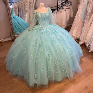 Bleu Aqua brillant robes De Quinceanera doux 16 robes De soirée De bal à manches longues appliques dentelle tulle robes De 15 Anos robe De bal