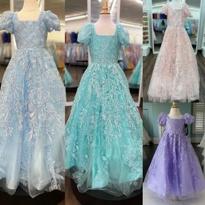 Aqua Green Girl Pageant Dress 2024 Manches bouffantes Lilas Paillettes Dentelle Petit Enfant Anniversaire Vacances Formelle Cocktail Robe de Soirée Tout-petit Ados Préadolescent Minuscule Jeune Junior Miss