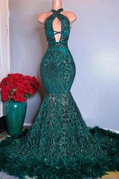 Aqua Green Luxe Mermaid Prom -jurken met veren halter nek sleutelgat lovertjes lovertjes kralen ruches lange avondjurken formele vestidos bc18289