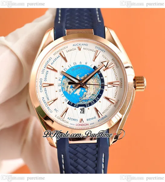 Aqua Terra 150M Wordtimer A8500 montre automatique pour hommes GMT or Rose cadran blanc marqueurs de bâton bracelet en caoutchouc bleu Puretime E455C3