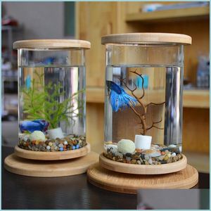 Acuarios 1 Unids Vidrio Betta Tanque de Peces Bambú Base Mini Decoración Accesorios Girar Tazón Acuario Y200917 Drop Delivery Homeindustry Dhrnu