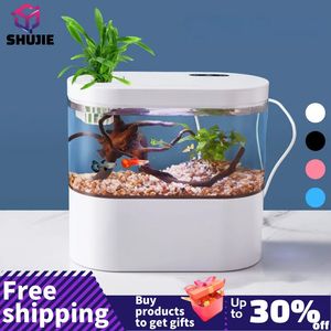 Aquariums Mini aquarium créatif de bureau avec système de filtration biochimique et lumière LED Betta Cycle d'eau écologique 231116