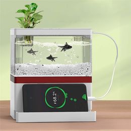 Aquariums Mini aquarium de bureau avec filtre et lumière LED, support de téléphone télescopique écologique, boîte d'aquarium en circulation 230414
