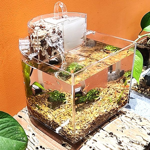 Aquariums Mini Acrylique Aquarium Transparent Fish Keeper Fishbowl Portable Bureau Réservoir Betta Tropical Pompe Silencieuse Filtre Coton 231116