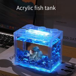 Aquariums mini betta vissen tank creatieve bouwsteen cilinder landschap lamp led licht huistafel decoratie accesorios para pecera 230414