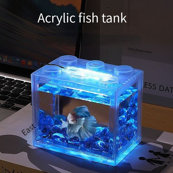 Aquariums Mini Betta Fish Tank bloc de construction créatif cylindre paysage lampe lumière LED maison Table décoration accesorios para pecera 230414