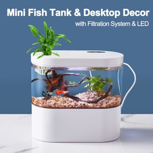 Aquariums Mini Desktop Aquarium Miniature Fish Tank met biochemisch filtratiesysteem Led Small Aquatic Organismen Eco Box Home Decor 230414