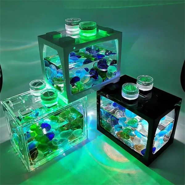 Aquaria Kleine aquarium met zeven kleuren LED-verlichting Desktop Creatieve Micro Landschap Ecologische tank DIY Mini tropische vissen aquarium 231113