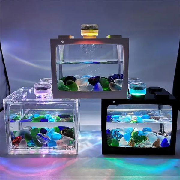 Aquariums Petit aquarium avec sept lumières LED de couleur bureau créatif micro paysage écologique bricolage mini aquarium tropical 231116