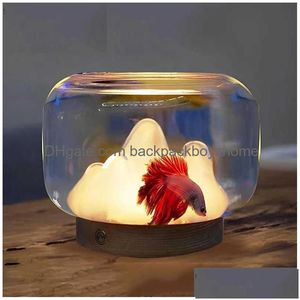 Aquariums Verre épaissi Fish Tank Snow Mountain USB Lampe de nuit Ornements Décoration de bureau Atmosphère Lumières chaudes Drop Livraison Dh0Sk