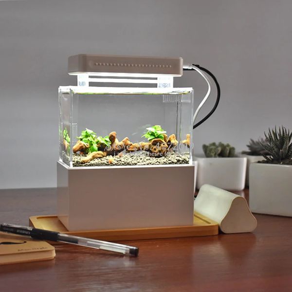 Aquariums Mini réservoir de poissons en plastique amélioré, bol d'aquarium de bureau avec lumière LED, pompe à Air silencieuse de Filtration d'eau 231124