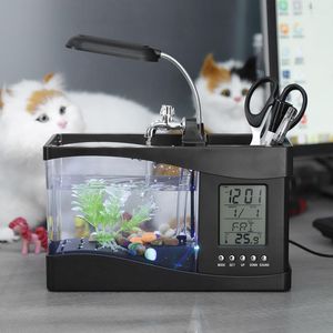 Aquariums Mini aquarium de bureau USB, aquarium bêta avec lumière LED, écran d'affichage LCD et horloge, décoration d'aquarium avec galets 2201007