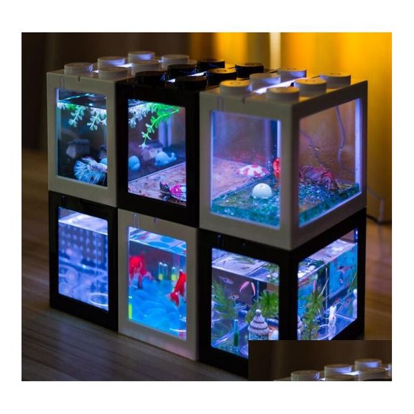 Aquariums Usb Mini Aquarium Fish Tank Avec Lampe Led Lumière Mticolor Petit Reptile Pet Box Home Office Bureau Décoration Drop Deliver Dhicc