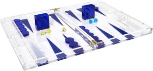 Aquauncle Elegant 18 '' Lucite Backgammon Set, Lucite Chips Cups avec fermeture magnétique, élégant décor de qualité de la boutique pratique, clair, blanc bleu