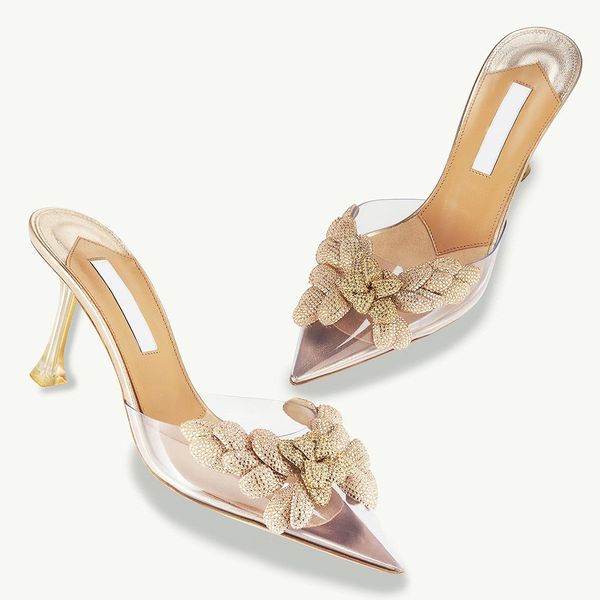 Zapatillas de flores galácticas Aquazura Glijbanen Dameshak Toffor 8.5cmStiletto Hakken Sandalen PVC transparente Muilezels Klassieke Mode Vrouwen Schoenen Zomerjurk