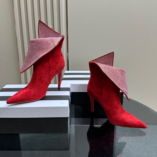 Aquazura Nuevos diamantes de imitación Decoración de solapa Tobillo Punta estrecha Stiletto Botas de moda Botines con suela de cuero de diseñador para mujer Zapatos de vestir