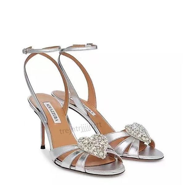 Aquazzura 95 mm STITETTO Sandales Crystal Decorative cheville Srap Peep Toe's Party Soirée Chaussures de luxe Designer High Heels Factory Footwear 35-43 avec boîte