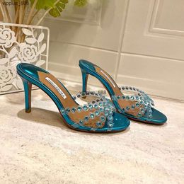 Aquazzura Correa adornada con cristales Zapatillas de tacón alto Mulas Zapatillas de casa con diamantes de imitación Diseñadores de lujo Sandalias de tacón Calzado de fábrica 35-42