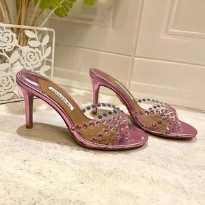 Sangle embelli Aquazzura Crystal Embelli les pantoufles à talons hauts Mules Rhingestone TPU House Slippers Designers Luxury Sandales à talons Footwear 35-42 avec boîte