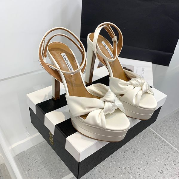 Aquazzura Cupido geknoopt satijnen platform Sandalen kristallen bol enkelbandje blok hoge hakken designer damespumps Avondfeest Witte trouwschoenen maat 34-42 Met doos