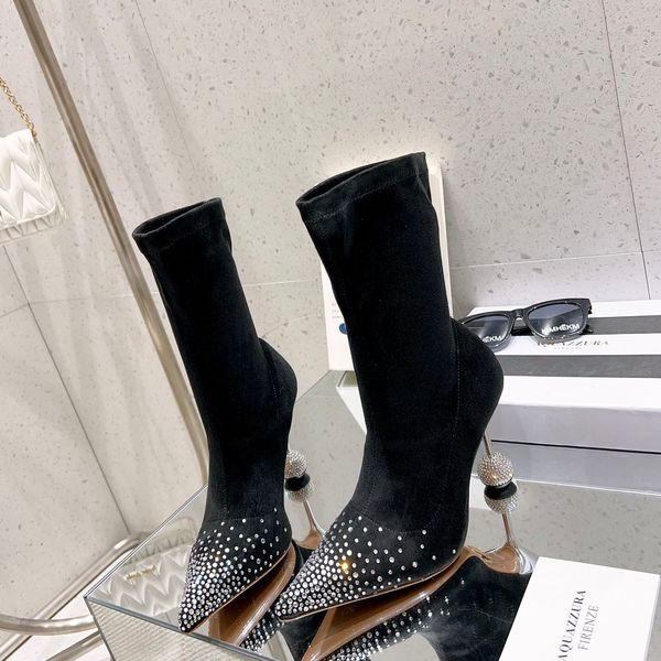 Aquazzura bola de discoteca tacones con punta becerro gamuza diamantes de imitación botines de tacón alto botines de mujer diseñadores de lujo zapatos de vestir de fiesta de noche calzado de fábrica