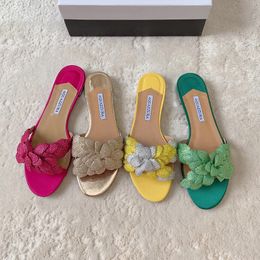 AQUAZZURA platte slides Galactic Flower slippers Zomer Sandalen flats slip op sandaal Water Diamond Flower Decoration dames luxe designer slide slipper met doos