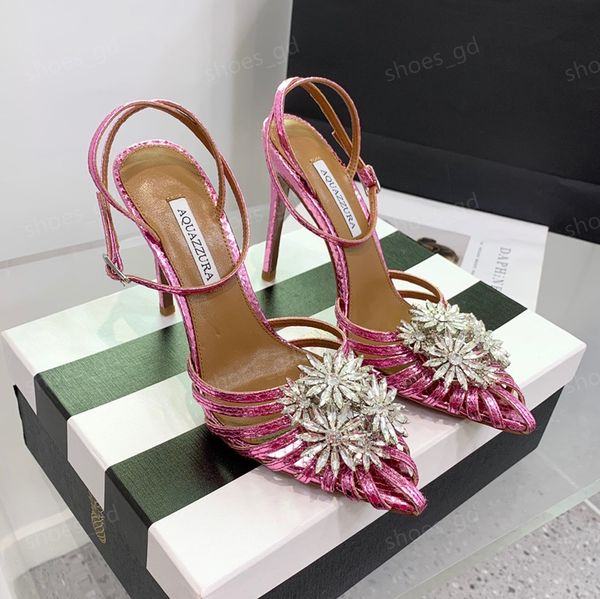 Aquazzura Sandales à bride arrière en satin ornées de cristaux de fleurs, escarpins à bride à la cheville, talons aiguilles de 105 mm, sandales de luxe de styliste pour femmes, chaussures de soirée, de mariage, 35-43