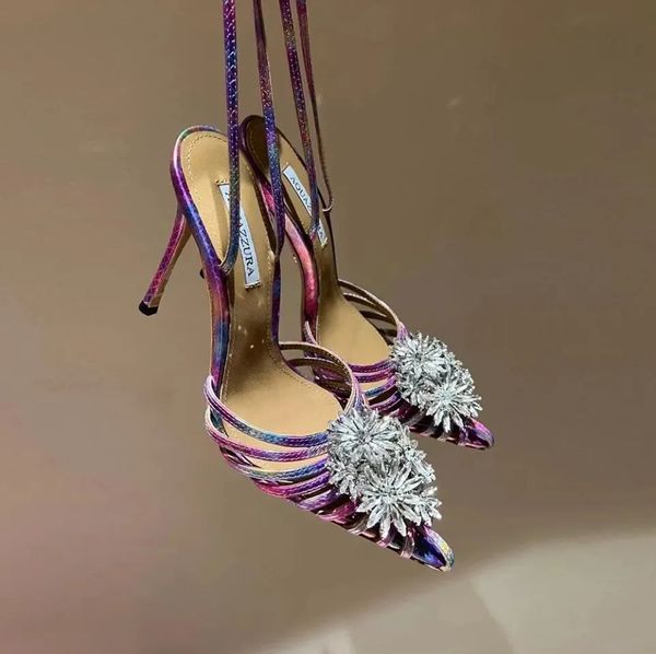 Aquazzura Flower Flower Crystal Embelli Sandback Sandals Sandals Stiletto Talons de la cheville Pumps Femme Designer Luxury Evening Party Mariage Chaussures Taille 35-42