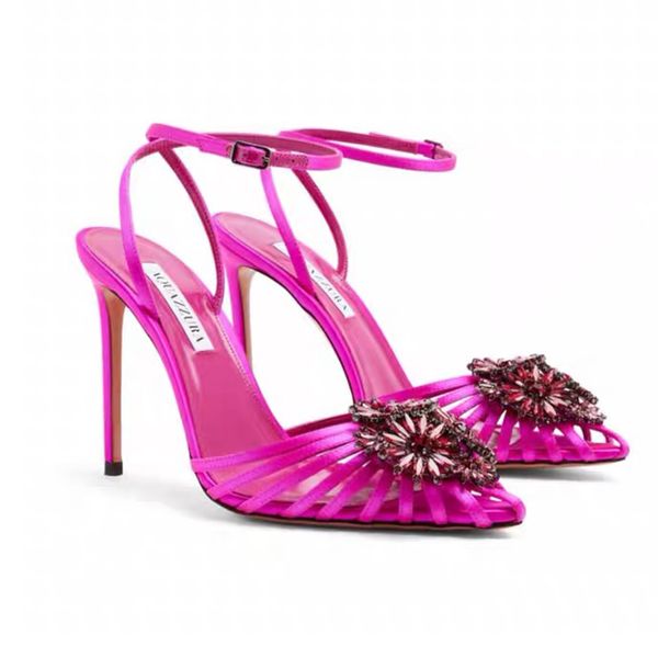 Aquazzura Flor con adornos de cristal Sandalias con talón descubierto de satén Tacones de aguja Bombas con correa en el tobillo Diseñador de mujer Zapatos de boda para fiesta de noche de lujo con caja