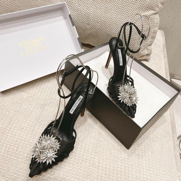 Aquazzura Sandales à bride arrière en satin ornées de cristaux de fleurs, escarpins à bride à la cheville, talons hauts aiguilles, chaussures de luxe de styliste pour femmes, chaussures de soirée, de mariage, taille 34-43