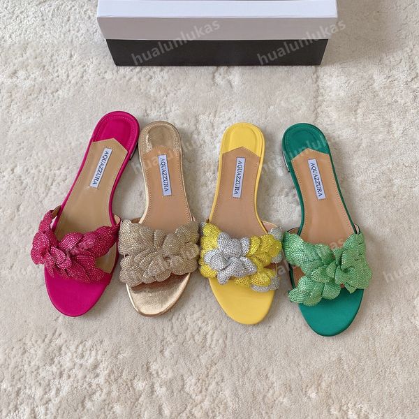 AQUAZZURA Zapatillas de flores galácticas diapositivas planas Sandalias de verano pisos sandalia sin cordones Decoración de flores de diamantes de agua zapatillas de diapositivas de diseñador de lujo para mujer