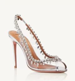 Aquazzura hoge hakken ontwerpers hakken damessandalen Hakken crysta gesp party trouwjurk schoenen hak sexy rugband pvc lederen zool sandaal