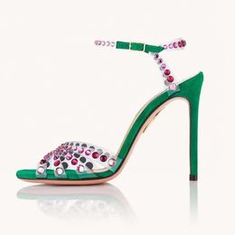 Aquazzura Sandales à talons hauts 100 mm en cristal en cristal PVC Talons rouges verts talon-haut-haut-hauteur pour femmes designers d'été chaussure robe à talons de fête