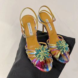 Aquazzura Sandales à talons hauts Haule Sangle de cheville pour femmes Crystal décorative Party Dîner chaussures de luxe Designer Stiletto Factory Footwear 35-41 avec boîte