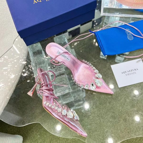 Aquazzura, las últimas sandalias de diseñador, zapatos de tacón para mujer, zapatos de vestir, tacones de boda de lujo, lazo alto de satén, hebilla adornada con cristales, punta estrecha, sandalia, cena con caja