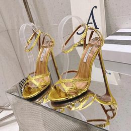 Aquazzura Metallic sandalen met hoge hakken dames Serpentine echt leer leer naaldhak jurk schoenen 10,5 cm 8,5 cm enkel mode feest bruiloft avond schoenen