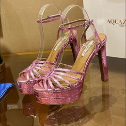 Plataforma Aquazzura Sandalia de tacón alto 130 mm Argento Tacón grueso Zapatos de vestir Serpentina Correa de tobillo de cuero genuino Diseñadores de lujo para mujer Zapatos de noche