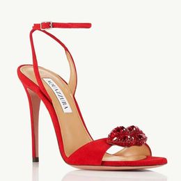 Aquazzura Rhinestone Decoratie Stiletto Sandalen schapenvacht enkelriem pompen dames feestavond schoenen luxe ontwerpers hhigh hielen fabrieksschoenen met doos