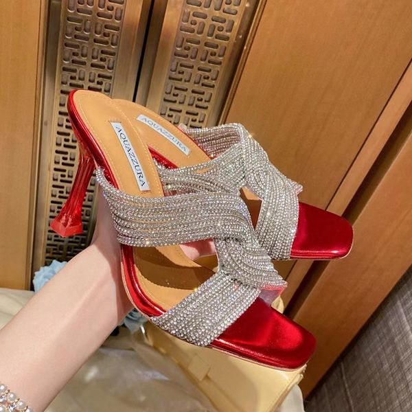 Aquazzura, zapatos de cuero con diamantes de imitación, sandalias de tacón alto, 8,5 cm, banquete, zapatos de boda para mujer, zapatos de marca de lujo de verano, zapatos de fiesta para mujer con caja