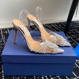 Aquazzura Rhinestones PVC Heeled Sandals Sandalen Crystal Stiletto Heel Heels Dress Shoes Dames Luxe ontwerpers Leer Soly Evening Buckle Shoes Factory Footwear