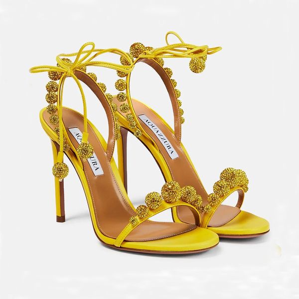 Aquazzura strass boule décoration sandales talons aiguilles sangle cheville sangle ciel-haut chaussures de soirée femmes à talons hauts créateurs de luxe chaussure habillée avec boîte