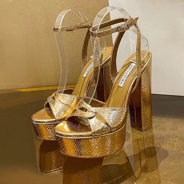 Sandalia Aquazzura Sinner Plateau 140 mm Oro Plataforma de sensación metálica para mujer Sandalias de tacón alto bloque grueso Tobillo Zapatos de vestir Zapatos de tacón de diseñador Zapatos de noche