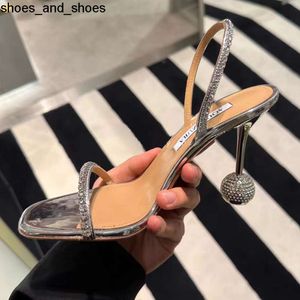 Sandalias Aquazzura Para mujer Sí Darling Sandalia de tacón de aguja con incrustaciones de cristal 95 mm Espejo plateado Bola de diamantes de imitación Mules Zapatos de noche Diseñador de lujo