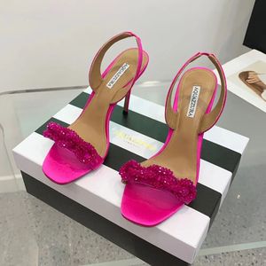 Aquazzura Satin 2024 Strass Cristal Sandales Talons Aiguilles Bouts Ouverts Femmes Designers de Luxe Slip-on Slingbacks Soirée Chaussures Chaussures d'usine