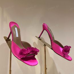 Cadena de mulas de cristal Slipper de 85 mm Sandalias de tacón de tacón de tacón de cristal Toes abiertos altos zapatos de estilo callejero de diseño de lujo de lujo con caja35-42