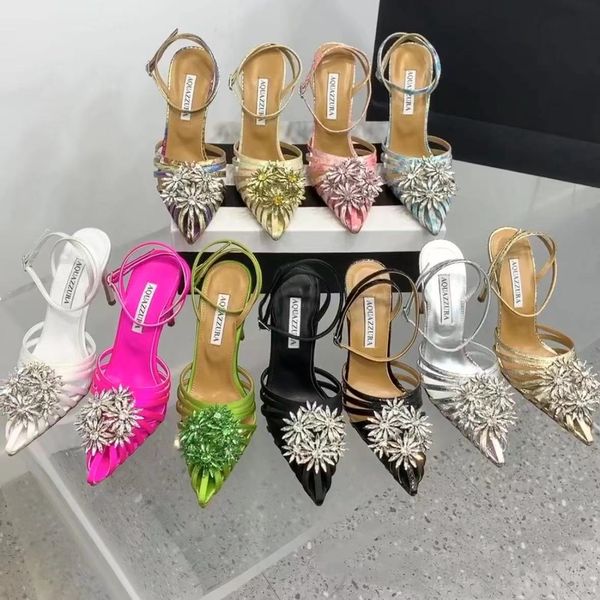 Aquazzura Diseñadores de alta calidad Tacones Sandalias para mujer Tacones rojos Tacones Crysta Hebilla Fiesta Vestido de novia Zapatos Tacón Correa sexy Sandalia de suela de cuero 100% con caja