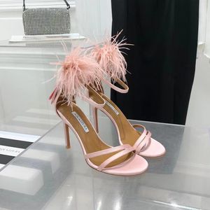 AQUAZZURA Femmes Sandales Nouvelle Plume Embellissement Talons Aiguilles Chaussures De Soirée100mm Soie Cheville Bande Femmes Été Designers Chaussures avec Boîte