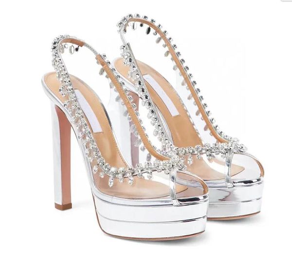 Aquazzuras sandale lampe en cristal décoration plate-forme pompe PVC gros talons bloc chaussures ouvertes peep orteils Slingbacks jolie robe de soirée chaussures de luxe pour femmes